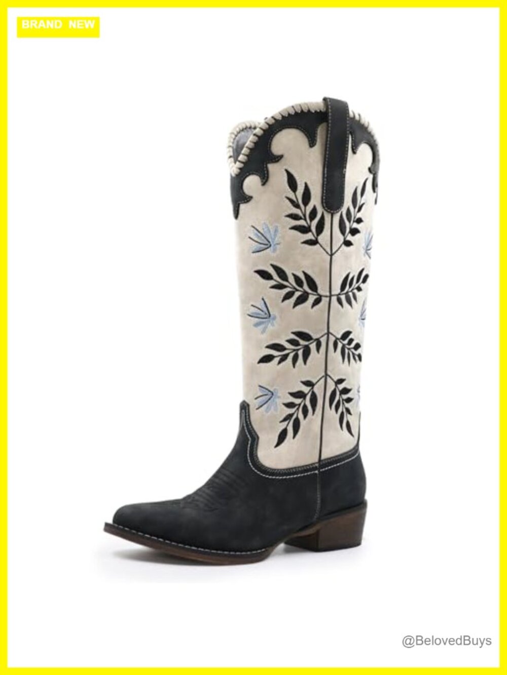 Womens Cowboy Boots Leaf Embroidered Knee High Chunky Heel Western Pull On
